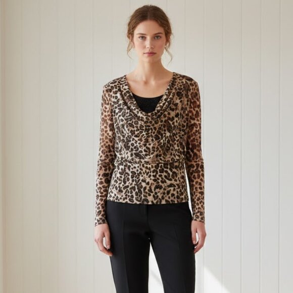 Red Coral Tops - Red Coral Leopard Print Cowl Neck Mesh Women’s Longsleeve Top Sheer Y2K Size XL